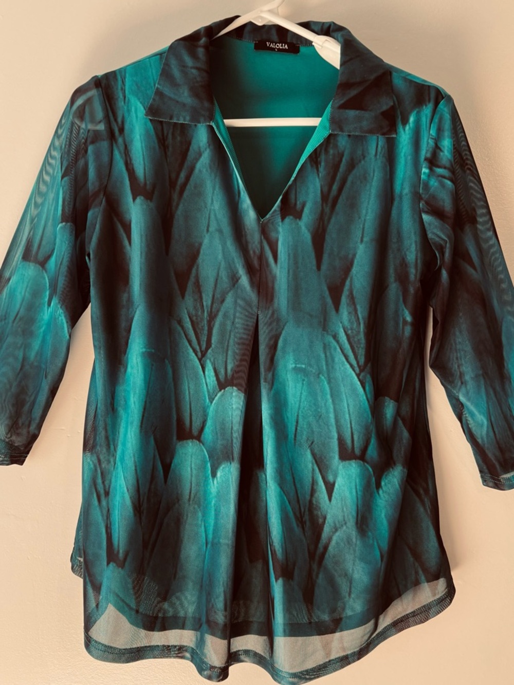 Valolia Sz L Sheer Teal Feather 3/4 Sleeve Mesh Overlay Tunic Whimsigoth Blouse 